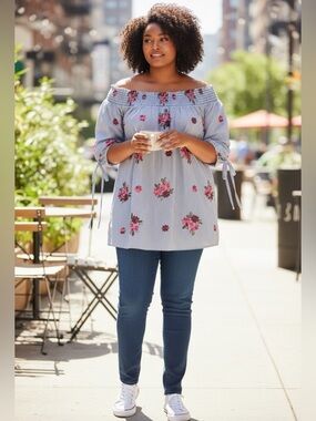 Melissa Page Shirt Women’s Medium Blue Floral Off The Shoulder Embroidered 1XL